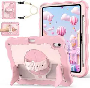 for iPad A16 11th Generation 2025 / 10th Gen Case 2022, for 11 Inch / 10.9 Inch iPad Case Heavy Duty Cover Shockproof with Pencil Holder [360° Rotate Strap] & Stand for Kids, Pink