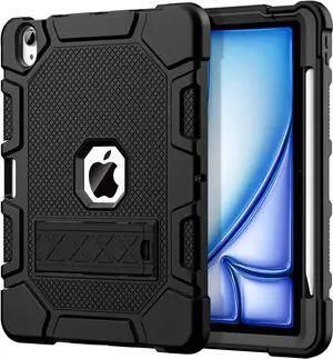 for iPad Air 11-inch (M3/M2) 2025/2024, iPad Air 5th/4th Generation 10.9 Inch Case (2022/2020), Heavy Duty Shockproof Rugged Protective Case with Pencil Holder, Black