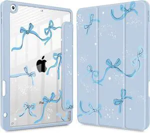 Tuiklol for iPad 10.2 case 2021 Gen 9th Release Built in Pencil Holder - Trifold Stand-Auto Wake/Sleep TPU Protection Stand Clear Back Cover for 2020 2019 [8th/7th] iPad 10.2 Case,Bow-Blue