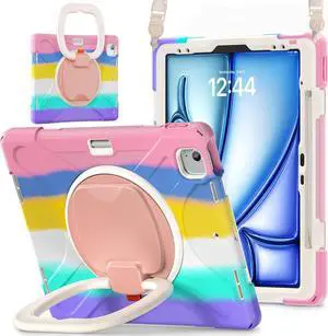 MEEgoodo Case for iPad Air 13 inch 2025 (M3) /2024 (M2) & iPad Pro 12.9 Case 6th/5th/4th/3rd Generation 2022 2021 2020 2018,Tablet Cover with Pencil Holder/Rotating Stand/Shoulder Strap,Colourful Pink
