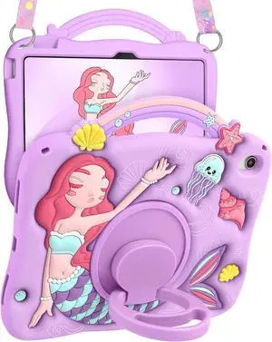 Boaretiu for iPad A16 Case/10th Generation Case - Girls Teens Cute Cartoon Purple Mermaids 10.9 Inch 2022 Tablet Cover with Strap & Rotating Stand Soft 3D Silicone Funda for iPad 11th 11 Inch 2025