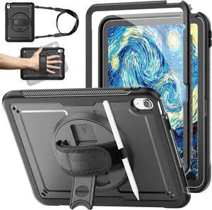 Compatible with iPad A16 Case 11th/10th Generation 11/10.9 Inch 2025/2022, Heavy Duty Full-Body Protective Case with Screen Protector, Rotate Hand Strap/Stand, Pencil Holder, Black