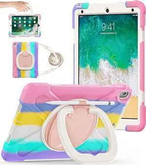 BATYUE iPad Pro 10.5 Case 2017 Released, iPad Air 3rd Generation Case 2019 Release; Rugged Heavy Duty Protective Cover with Pencil Holder, 360° Swivel Stand, Shoulder Strap; for Kids (Colourful Pink)