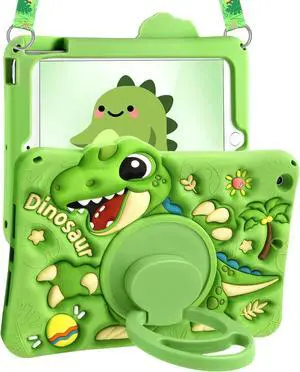 Boaretiu for iPad 9th/8th/7th Generation 10.2 Inch Case (2021/2020/2019) - Cute Cartoon with Shoulder Strap & Rotating Stand for Boys Girls Teens Soft Silicone, Green Dinosaur
