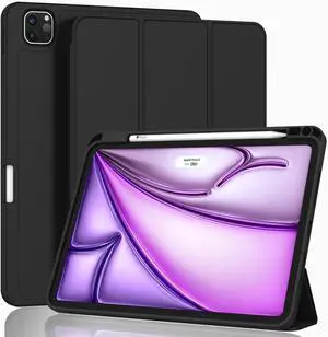 ZryXal New iPad Air 13 Inch Case M3 2025/M2 2024 with Pencil Holder, Trifold Stand Smart Case with Soft TPU Back,Auto Wake/Sleep (Black)