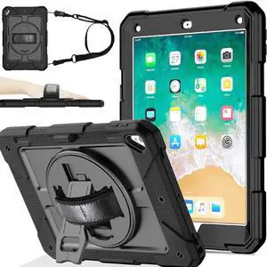 BMOUO Case for iPad 6th/5th Generation Case (9.7 inch, 2018/2017), 360°Rotating Stand, Hand/Shoulder Strap Shockproof iPad 9.7 Case for iPad Air 2, Black