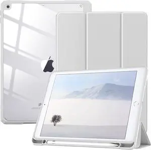 TiMOVO Case for iPad 9th Generation 2021/iPad 8th Generation 2020/iPad 7th Generation 2019 10.2 inch with Pencil Holder, Slim Protective Cover with Clear Back Shell, Auto Wake/Sleep, Light Gray