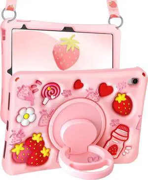 Boaretiu for iPad A16 Case/10th Generation Case - for Girls Teens Strawberry Soft Silicone Cute with Shoulder Strap & Rotating Stand for iPad 11th Generation Case 11 Inch 2025