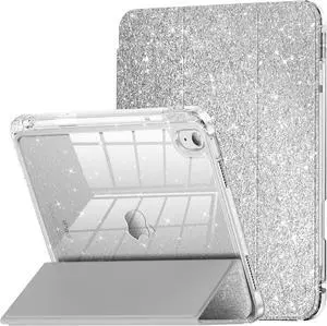 INFILAND Compatible with iPad A16 11th Generation 11 Inch 2025 Case, iPad Case 10th Generation 10.9 Inch, Glitter Cover with Sparkly Clear Back, Pencil Holder, for Kids Girls, Silver