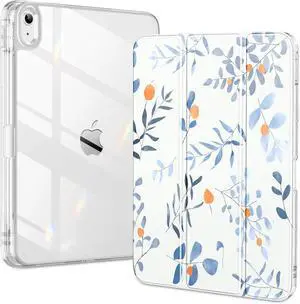 DTTO for iPad (A16) 11th/10th Generation Case (2025/2022), Clear Hard Back with Soft TPU Frame, Slim Trifold Stand Support Pencil Holder, Auto Wake/Sleep for iPad 11/10.9 Inch, Blue Leaves