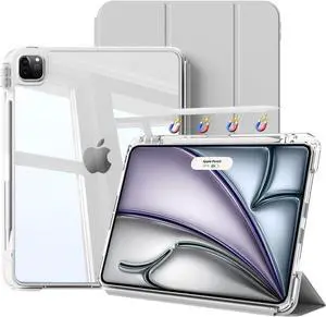 kenke Hybrid Case for iPad Air 13 Inch M3/M2 (2025/2024), Pro 12.9 Inch (6th/5th Generation, 2022/2021) with Pencil Holder, 2 in 1 Detachable Cover with Clear Hard Back, Auto Sleep/Wake, Gray