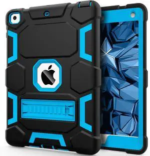 CCMAO Case for iPad 6th/5th Generation (9.7-inch, 2018/2017), iPad Air 2nd Generation Case (2014) with Kickstand, Hybrid Shockproof Protective iPad 9.7 Case for Kids Boys, Black+Blue