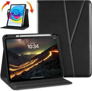 DTTO Rotating Case for iPad (A16) 11th Generation 11 Inch 2025, iPad 10th Generation 10.9 Inch 2022, 360 Degree Swiveling Premium Leather Folio Stand Cover with Pencil Holder, Black