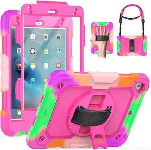SEYMAC for iPad mini 5/ Mini 4 Case 7.9 Inch, Sturdy Heavy Duty Shockproof Full-Body Protective Case with Screen Protector, Rotating Stand, Hand/Shoulder Strap for iPad mini 5th/4th Gen, Camo/Pink