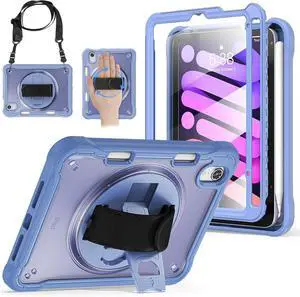 BRAECNstock Case for iPad Mini7 (a17 pro)/Mini 6 8.3" 2024/2021,iPad mini 7th/6th Generation Cover for Kids with Pencil Holder,360° Rotating Stand,Carrying Strap,Screen Protector-Lavender Grey