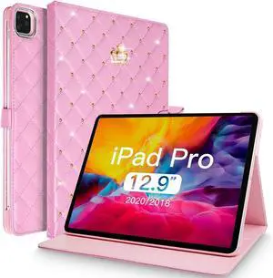 for iPad Pro 12.9 Inch Case 6th/5th/4th/3rd Generation (2022/2021/2020/2018),Crown Diamond Bling Cute PU Leather Smart Auto Sleep/Wake Stand Shockproof Protective Case for iPad 12.9 Inch,Pink