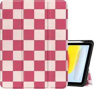 Compatible with iPad (A16) 11th Generation 11 Inch 2025,10th Generation Case 2022,iPad 10.9 Inch Case Pencil Holder Soft Back Auto Sleep/Wake Cover Women Girls Cute Preppy-Pink Checkered