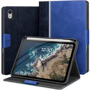 KingBlanc for iPad Mini 7 (A17 Pro) Case, iPad Mini 7th/6th Generation Case (2024/2021) with Pencil Holder, Vegan Leather Stand 8.3 inch Cover, Auto Sleep/Wake, Adjustable Viewing/Drawing Angle (Blue)