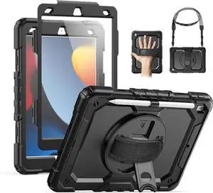 SEYMAC for iPad 9th/8th/7th Generation Case 10.2" 2021-2019, Full-Body Shockproof Heavy Duty Protective Case with Screen Protector, 360° Rotating Stand/Handle/Shoulder Strap for iPad 10.2, Black