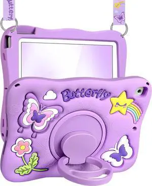 Kidcube for iPad 5th/6th Generation Case, for iPad Air 1st/2nd Gen, for iPad Pro 9.7 Inch Case - Girls Cute Kawaii Girly 3D Purple Butterfly Design Cover with Rotating Stand & Strap Silicone Women