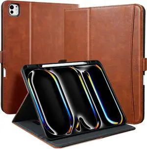 Handcrafted Case Only for iPad Pro 13 Inch 2024 M4 A2925 A2926 with Pencil Holder & Hand Strap & Pocket,Magnetic Closure,Multi Angles Stand,PU Leather Folio Cover,Auto Sleep/Wake,Brown