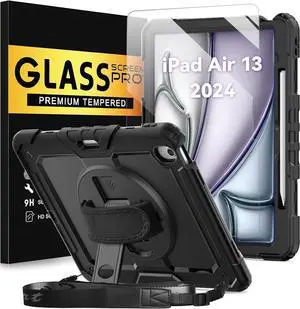 BLOSOMEET Protective Case for iPad Air 13 Inch M3 2025 & M2 2024 with Tempered Glass Screen Protector & Pencil Holder,Rugged Construction iPad Air 13 Cover with Stand Hand Shoulder Strap (Black)