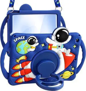Boaretiu for iPad 9th/8th/7th Generation Case 10.2 Inch 2021/2020/2019 - Cute Boys Cartoon Soft 3D Astronaut Spaceship Silicone with Strap & Rotating Stand for Girls Teens Tablet Cover for iPad 9/8/7