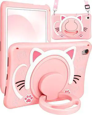 for iPad A16 Case/10th Generation Case - Soft Silicone Tablet Cover for iPad 11th 11 Inch/10th 10.9 Inch Funda Girls Women 3D Cartoon Cute Cat Kitten with Rotating Stand & Strap