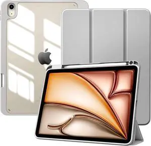 TiMOVO Case for iPad Air 11 Inch (M3/M2-2025/2024) with Pencil Holder, iPad Air 5th/4th Generation Case (2022/2020) 10.9 Inch, Slim Protective Cover with Clear Back, Auto Wake/Sleep, Light Gray