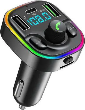 Bluetooth 5.4 FM Transmitter Car Adapter - Car Bluetooth Adapter with Fast Charger[PD 30W & QC3.0 18W],Hi-Fi Audio & Clear Calls,7 Colors LED Backlit