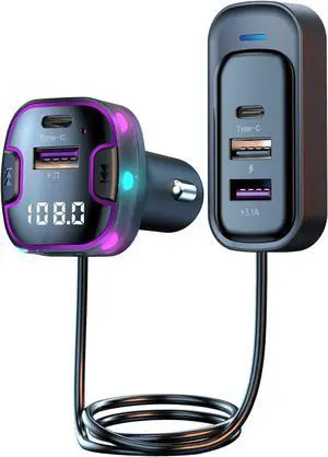 Bluetooth 5.3 Adapter for Car, 5 Ports Wireless FM Radio Transmitter for Car, Radio Bluetooth Receiver, Hands-Free Calling [U Disk &Colorful Ambient Lighting]