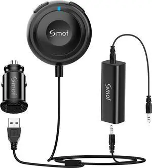 Smof Bluetooth Car Adapter, Aux Bluetooth Adapter for Car with Dual Port USB Charger & Ground Loop Noise Isolator, Wireless Audio Receiver with 3.5mm Aux Port, Hands-Free Calls, Dual Connection