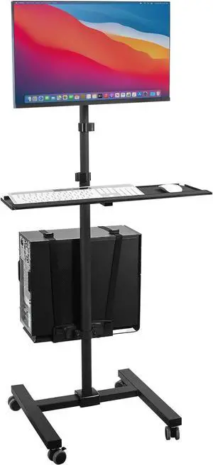 Mount-It! Rolling Computer Cart on Wheels, Mobile Desk Workstation with Monitor Mount for up to 32" Screen, Full Keyboard Tray, Floating Adjustable CPU Holder, Standing up to 70" Tall