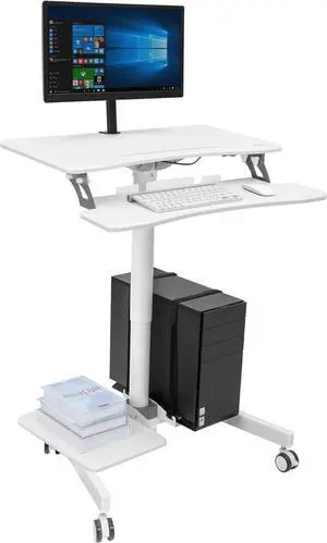 Mount-It! Mobile Workstation for Medical, Classroom, or Office Use, Height Adjustable Rolling Desk with Keyboard Tray, Storage Shelves & Locking Wheels, Portable Computer Cart  White
