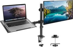 Mount-It! Laptop Desk Mount with Monitor Arm, Dual Laptop and Monitor Stand, Fully Adjustable, VESA Compatible, Ventilated Tray, Fits 13-32" Screens and Laptops up to 17", Clamp & Grommet Base