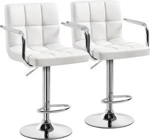 Yaheetech Bar Stools Set of 2, PU Leather Adjustable Swivel Barstools, Hydraulic Kitchen Counter Height Bar Chairs with Armrest and Back for Bar, Kitchen, Dining Room, White