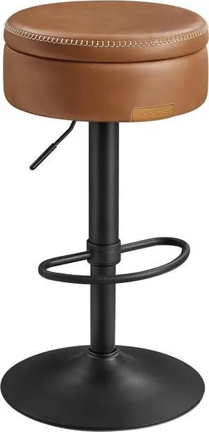VASAGLE EKHO Collection - 360° Swivel Bar Stool, Height Adjustable Barstool with Storage, Synthetic Leather with Stitching, Mid-Century Modern, Kitchen Bar, Easy Assembly, Caramel Brown