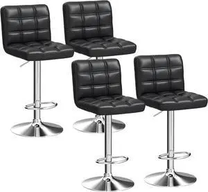 ZENY Set of 4 Adjustable Swivel Barstools, Modern PU Leather Kitchen Counter Bar Stools, Square Back Bar Stool