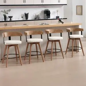 DUOMAY Swivel Bar Stools Set of 4-26" Counter Height Bar Stool with Footrest - Modern Wood Barstools with Linen Upholstered Seat - 360-Degree Swivel Stool for Kitchen Island Home Bar - White