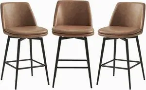 CHITA Swivel Bar Stools, 27.2" Counter Height Bar Stools Set of 3, FSC Certified Upholstered Modern Counter Stools, Metal Legs, Faux Leather, Saddle Brown