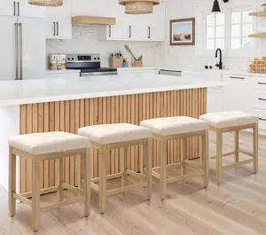 Counter Height Bar Stools Set of 4 for Kitchen Counter Farmhouse Modern Backless Barstools with Fabric Upholstered Seat and Solid Wood Legs 24 inch Bar Chairs, Beige + Wood Color