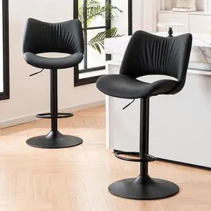 Rowill Bar Stools Set of 2 Modern Counter Height Barstools Swivel Adjustable Black Faux Leather Bar Chairs for Kitchen Island with Back and Metal Base