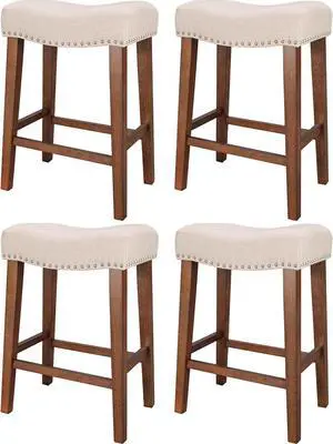 PrimeZone Counter Height Bar Stools Set of 4 - Backless Saddle Barstools with 4.3" Thick Upholstered, Nailhead Trim Linen Fabric & Solid Wood Legs, 24 Inch Counter Stools for Kitchen Island, Beige