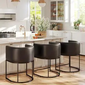 HNY Black Modern Barrel Counter Height Clearance Bar Stools Set of 3, 24 Inch PU Leather Kitchen Barstools with Back for Island, with Black Metal Tubular Frame