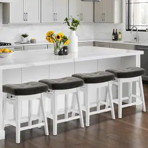 Counter Height Bar Stools Set of 4 for Kitchen Counter Farmhouse Modern Barstools with Faux Leather Upholstered Backless Seat and Solid Wood Legs 24 inch Bar Chairs, Grey + White