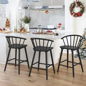 LUE BONA Bar Stools Set of 3, Black Farmhouse Barstools with Semicircular Backrest, Mid Century Modern Counter Height Bar Stools for Kitchen Island, 24 Inch