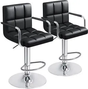 Furmax Bar Stools with Armrest Modern PU Leather Swivel Adjustable Hydraulic Bar Stool X-Large Base and Seat Square Counter Height Stool Set of 2 (Black)