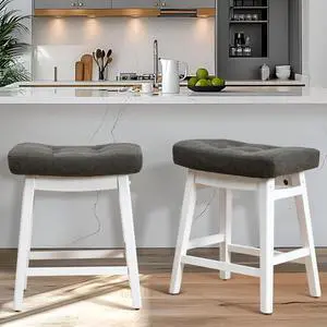 Counter Height Bar Stools Set of 2 for Kitchen Counter Farmhouse Modern Barstools with Faux Leather Upholstered Backless Seat and Solid Wood Legs 24 inch Bar Chairs, Grey + White