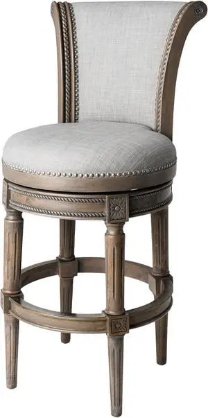 Maven Lane Pullman Bar Stool  31 Inch Swivel Stool with Footrest  Grey Solid Wood Frame & Grey Fabric Upholstery  Perfect for Bars, Pub Tables & Tall Kitchen Counters