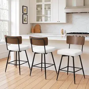 Counter Height Swivel Bar Stools Set of 3, Upholstered Faux Leather Barstools with Wood Backs and Metal Legs, 26" Seat Height Counter Bar Stool for Kitchen Island, White
